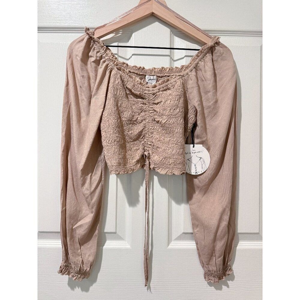 NWT Japna M Coquette Sexy Cropped Ruffle Edge Wide Neck Smocked Top Off Shoulder